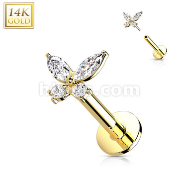 14K Gold Threadless Labret/Flat Back Stud with CZ ButterflTop - Image 6