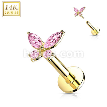 14K Gold Threadless Labret/Flat Back Stud with CZ ButterflTop - Image 7