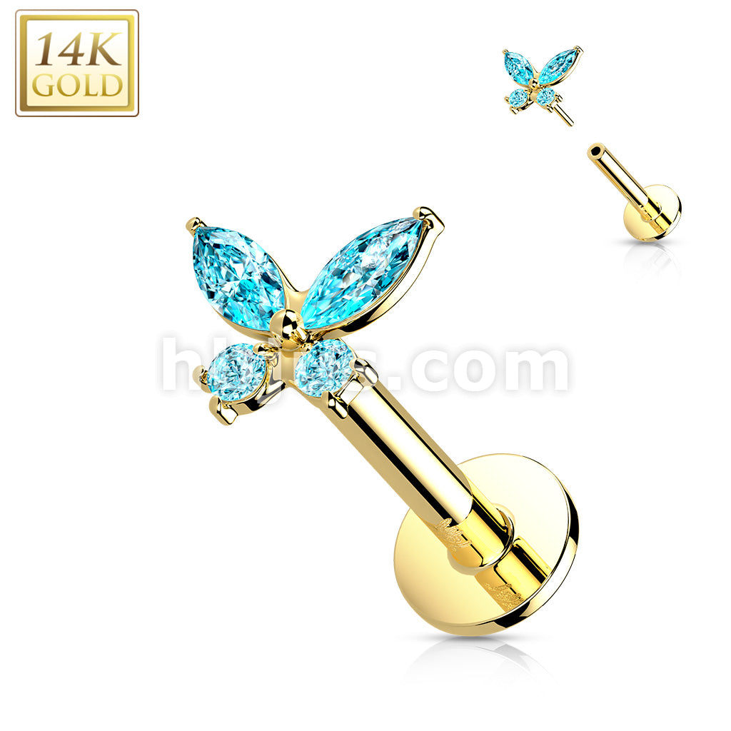 14KT  Gold 14K Gold Threadless Labret/Flat Back Stud with CZ ButterflTop - Image 8