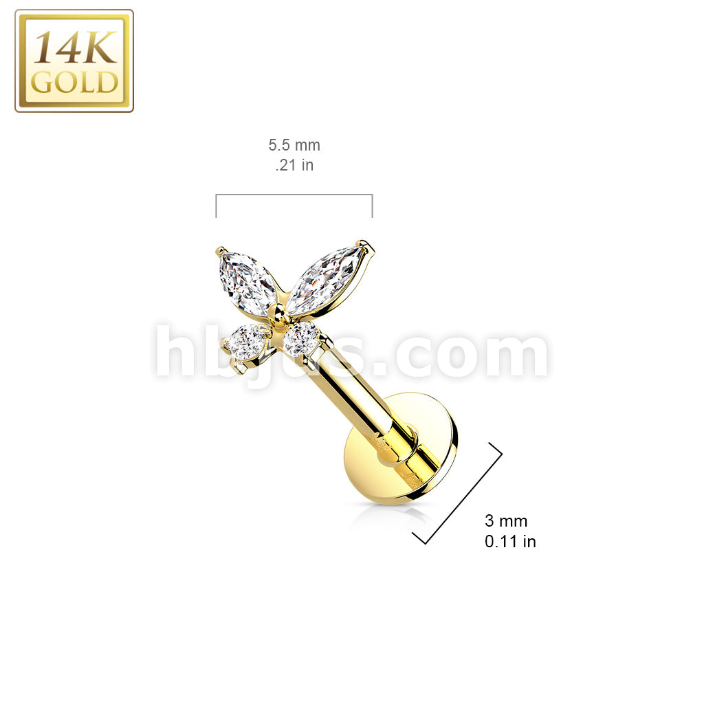 14K Gold Threadless Labret/Flat Back Stud with CZ ButterflTop - Image 9