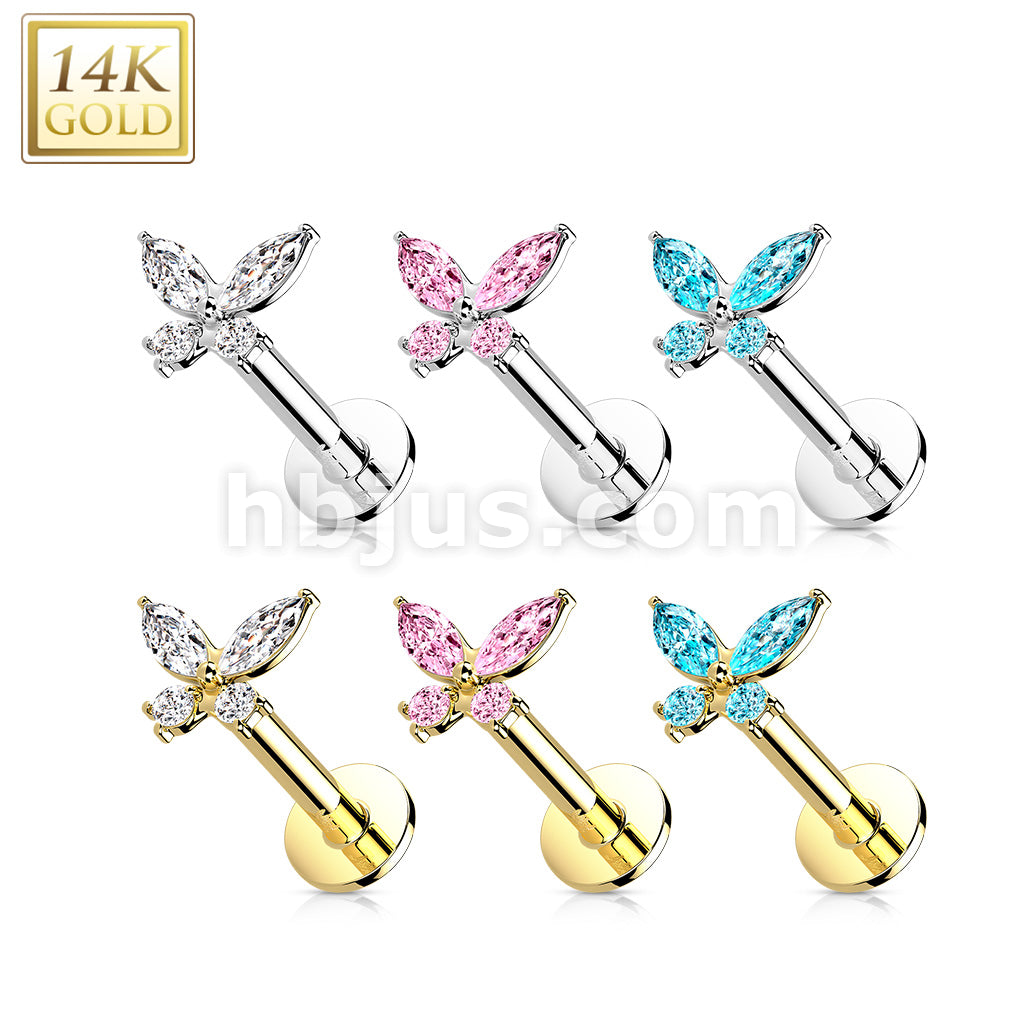 14KT  Gold 14K Gold Threadless Labret/Flat Back Stud with CZ ButterflTop - Image 10