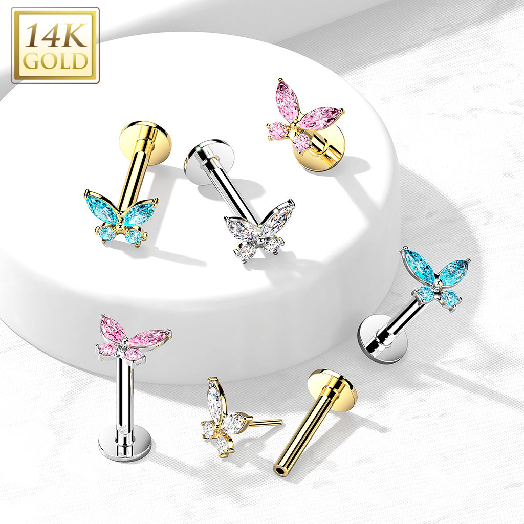 14KT Gold 14K Gold Threadless Labret/Flat Back Stud with CZ ButterflTop