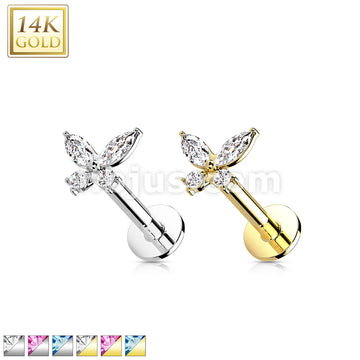 14K Gold Threadless Labret/Flat Back Stud with CZ ButterflTop - Image 2