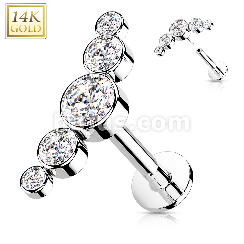 14K Gold Threadless Labret/Flat Back Stud with 5-Round Bezel Set CZ Curve Top - Image 3