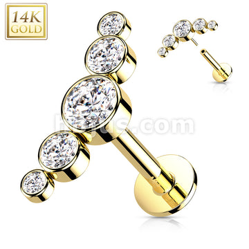 14K Gold Threadless Labret/Flat Back Stud with 5-Round Bezel Set CZ Curve Top - Image 4