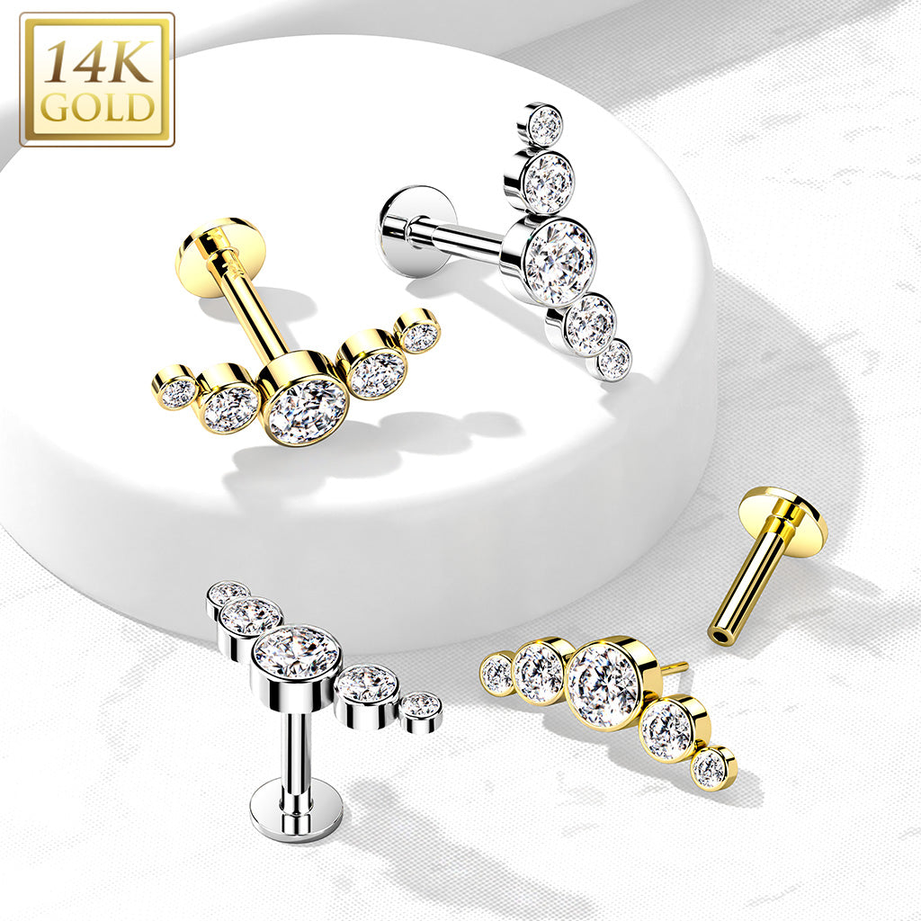 14K Gold Threadless Labret/Flat Back Stud with 5-Round Bezel Set CZ Curve Top