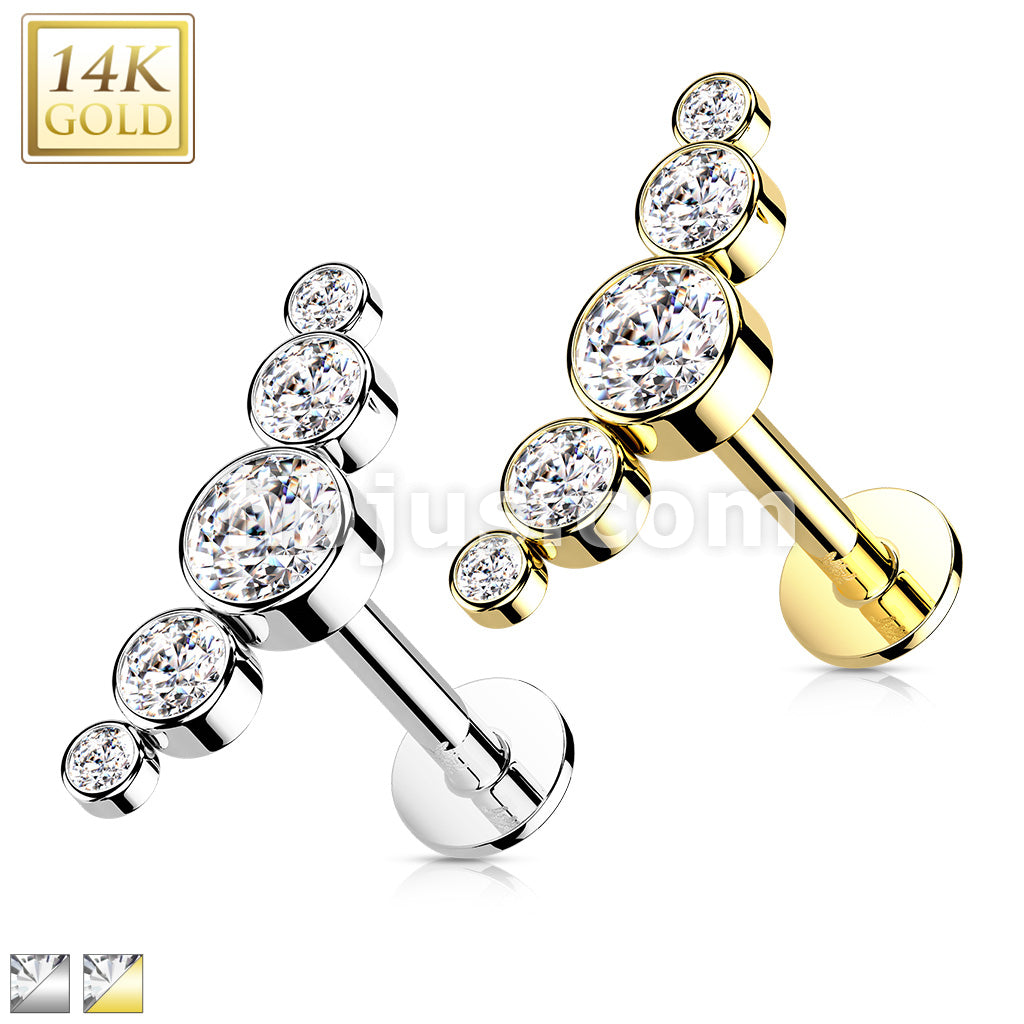 14KT  Gold 14K Gold Threadless Labret/Flat Back Stud with 5-Round Bezel... - Image 2