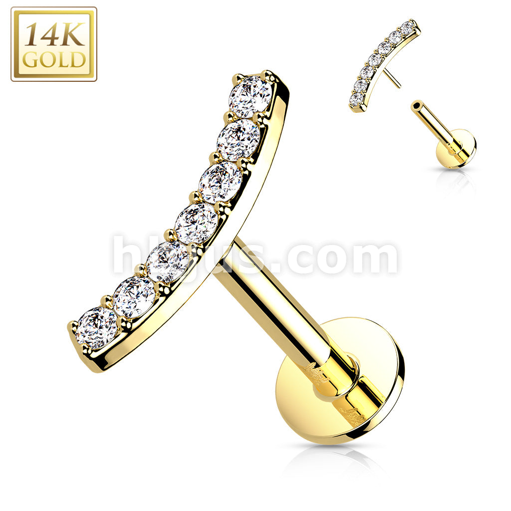 14KT  Gold 14K Gold Threadless Labret/Flat Back Stud with CZ Paved CurvTop - Image 4