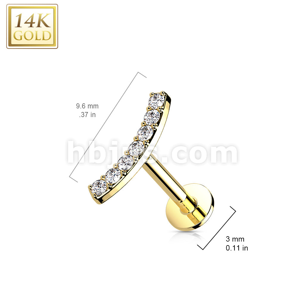 14K Gold Threadless Labret/Flat Back Stud with CZ Paved CurvTop - Image 5