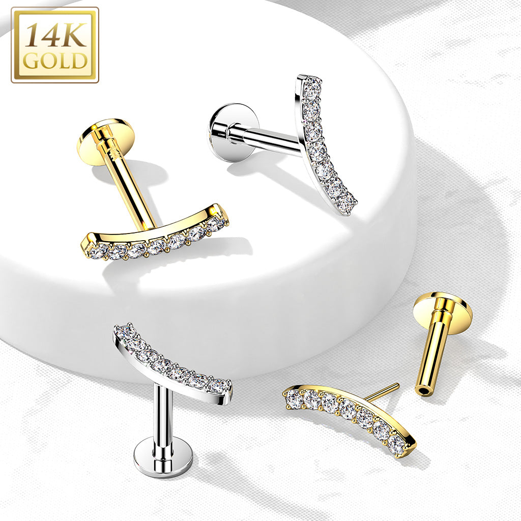 14KT Gold 14K Gold Threadless Labret/Flat Back Stud with CZ Paved CurvTop