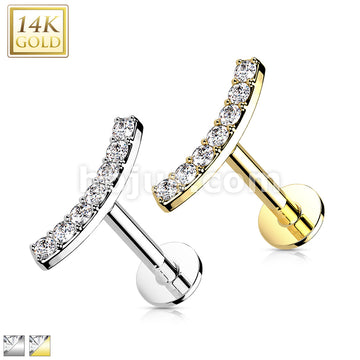 14K Gold Threadless Labret/Flat Back Stud with CZ Paved CurvTop - Image 2