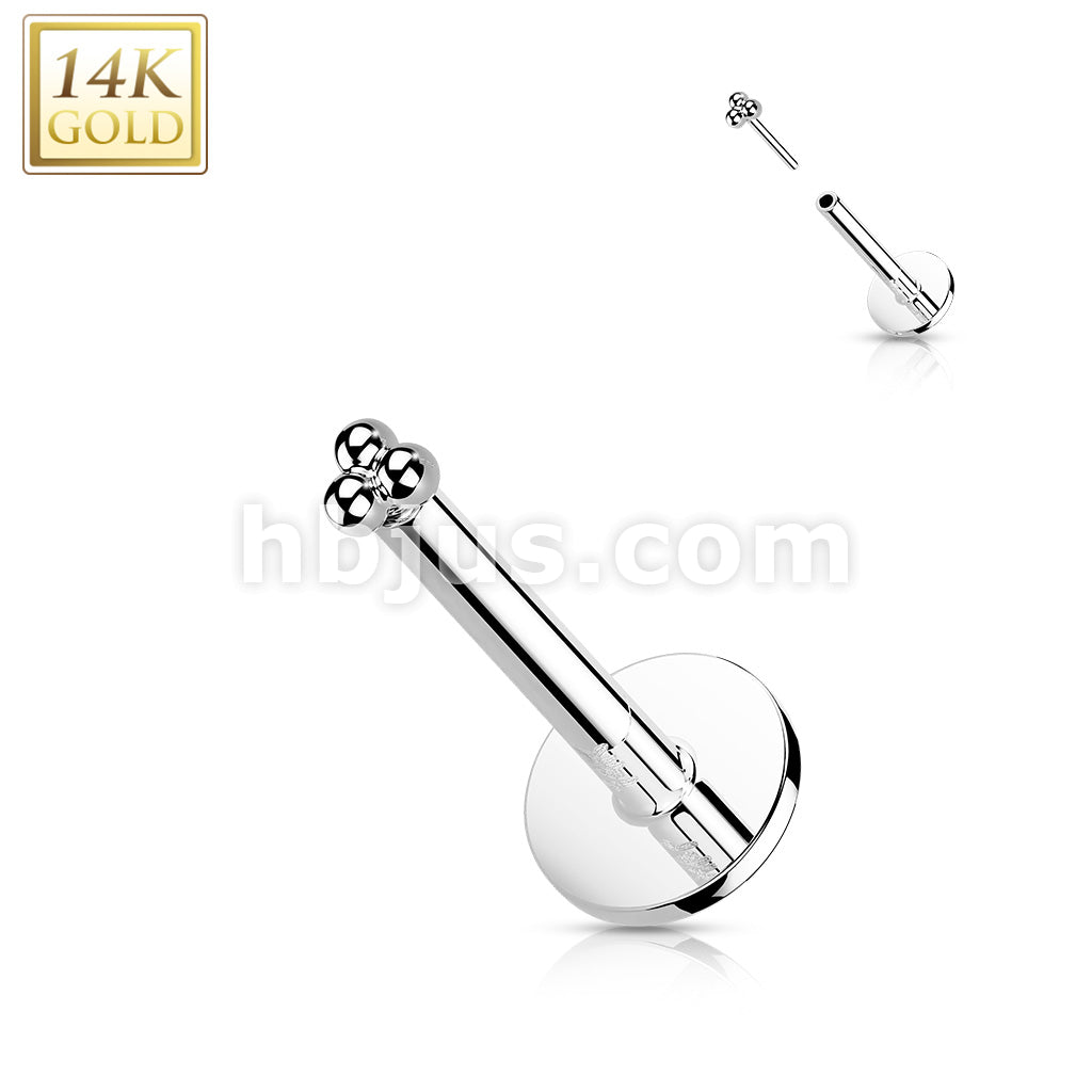 14K Gold Threadless Labret/Flat Back Stud with 3-Ball Triangle To - Image 3