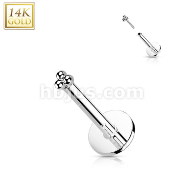 14K Gold Threadless Labret/Flat Back Stud with 3-Ball Triangle To - Image 3