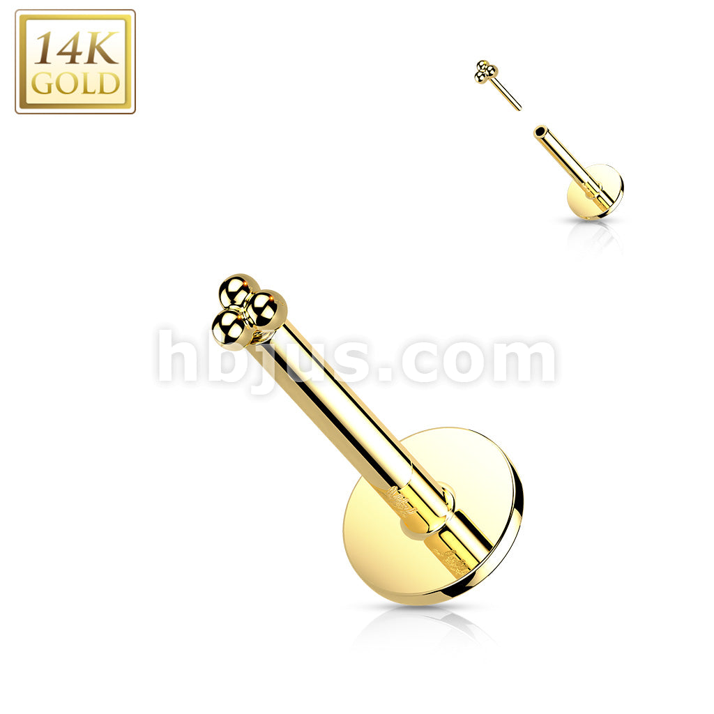 14K Gold Threadless Labret/Flat Back Stud with 3-Ball Triangle To - Image 4