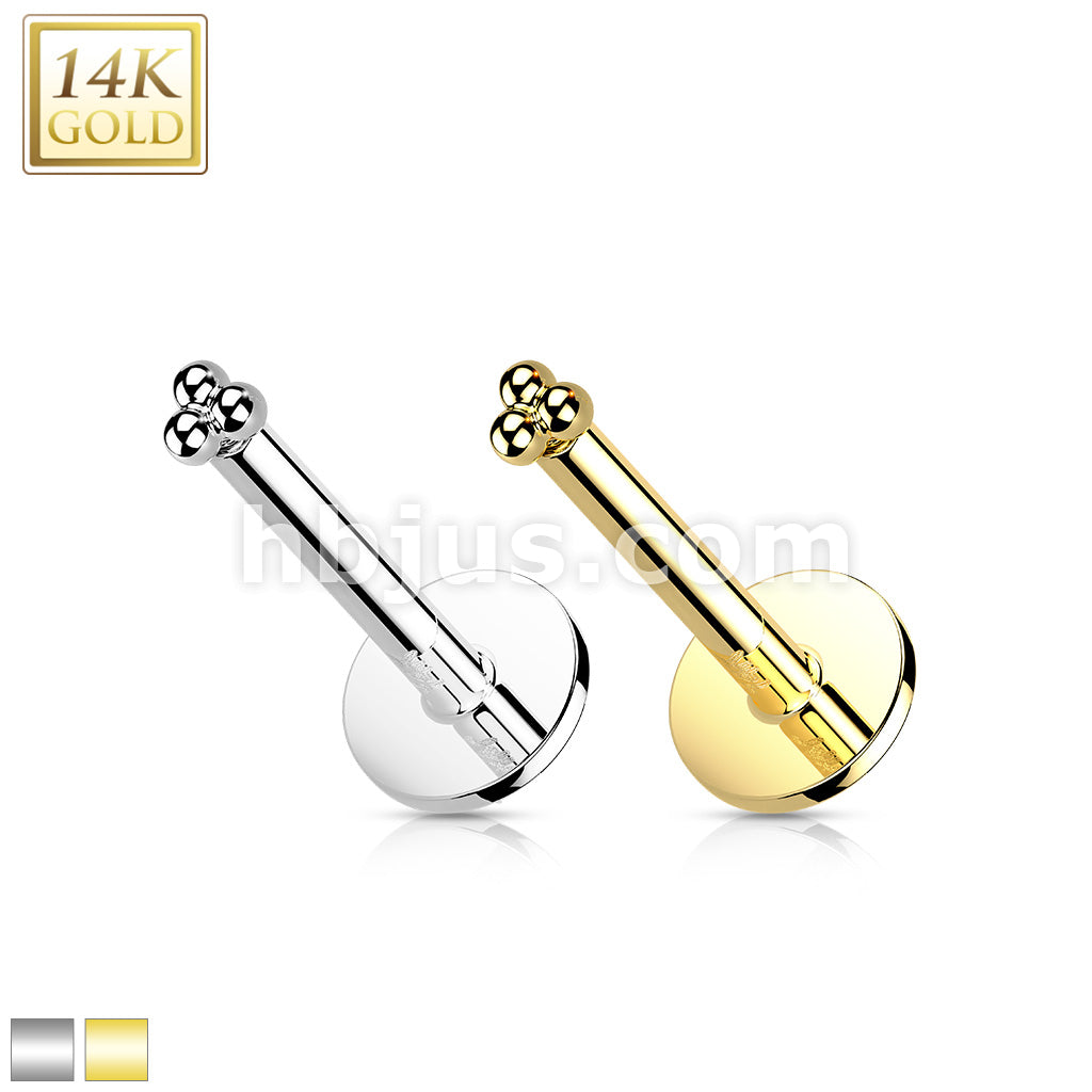 14K Gold Threadless Labret/Flat Back Stud with 3-Ball Triangle To - Image 2