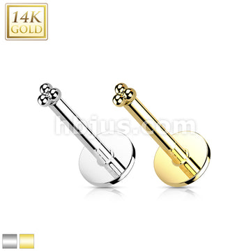 14KT  Gold 14K Gold Threadless Labret/Flat Back Stud with 3-Ball... - Image 2