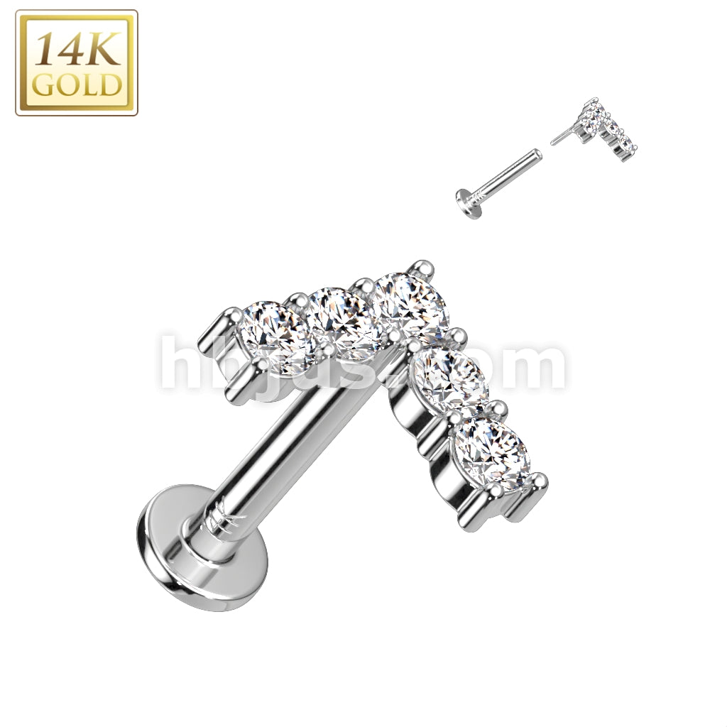 14K Gold Threadless Labret/Flat Back Stud With 5 CZ Set Chevron Top - Image 2