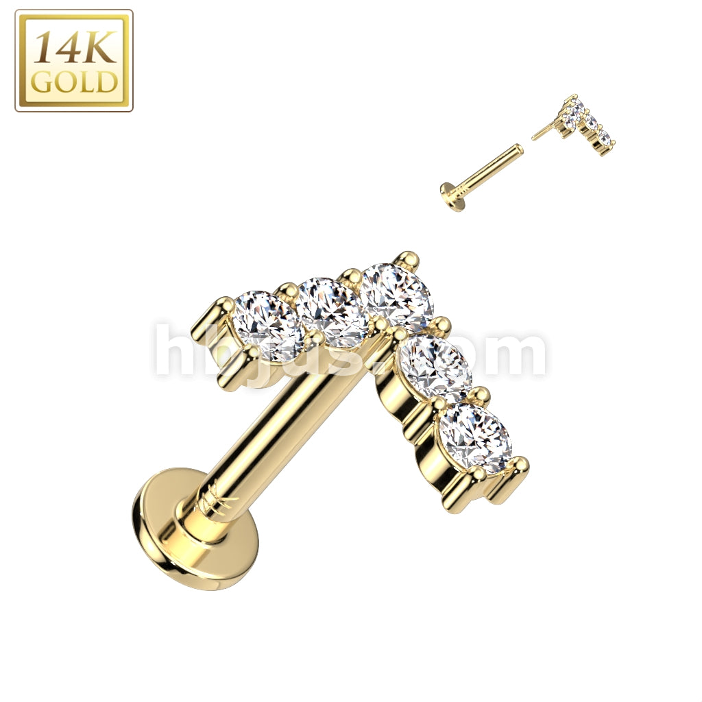 14KT  Gold 14K Gold Threadless Labret/Flat Back Stud With 5 CZ Set... - Image 3