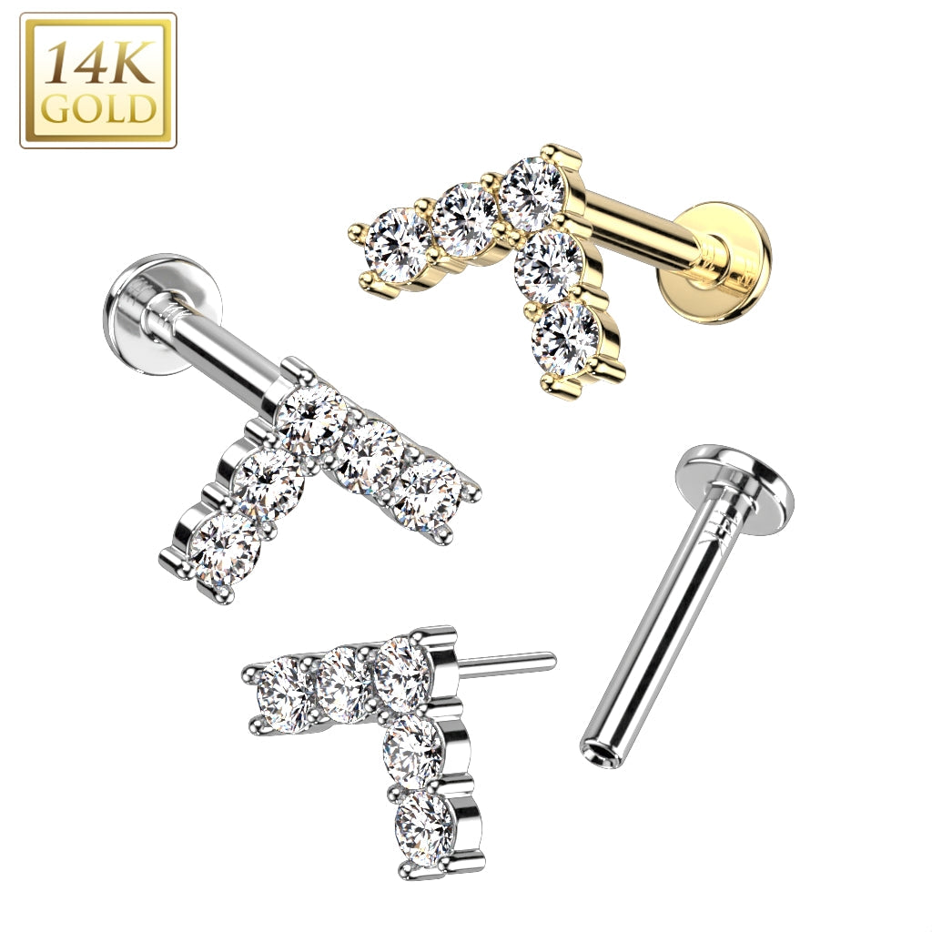 14KT Gold 14K Gold Threadless Labret/Flat Back Stud With 5 CZ Set...