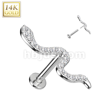 14K Gold Threadless Labret/Flat Back Stud With CZ Paved Small Snake Top  - Image 2