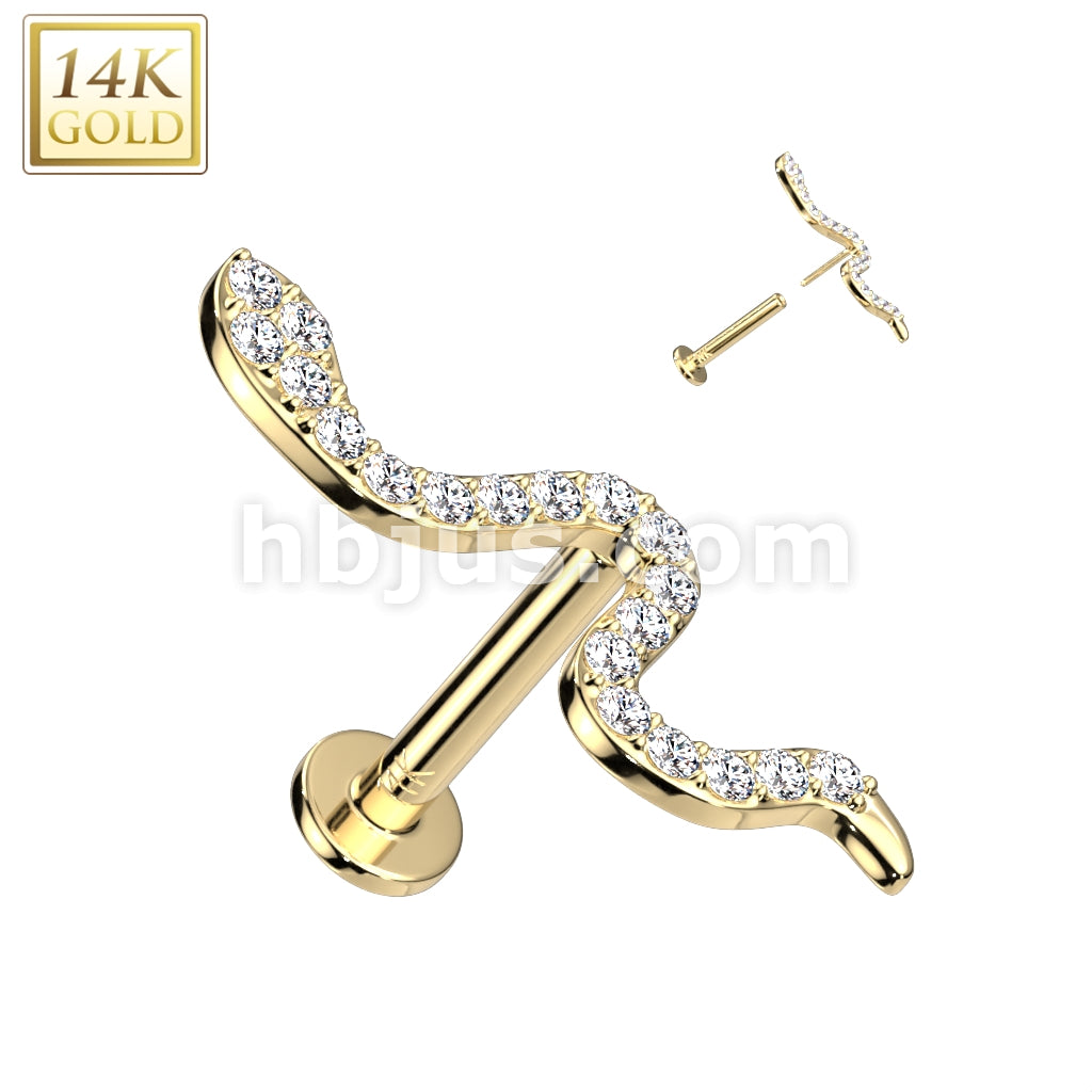 14K Gold Threadless Labret/Flat Back Stud With CZ Paved Small Snake Top  - Image 3