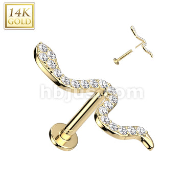14K Gold Threadless Labret/Flat Back Stud With CZ Paved Small Snake Top  - Image 3