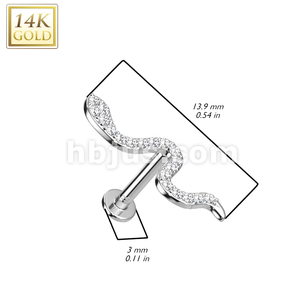 14K Gold Threadless Labret/Flat Back Stud With CZ Paved Small Snake Top  - Image 4