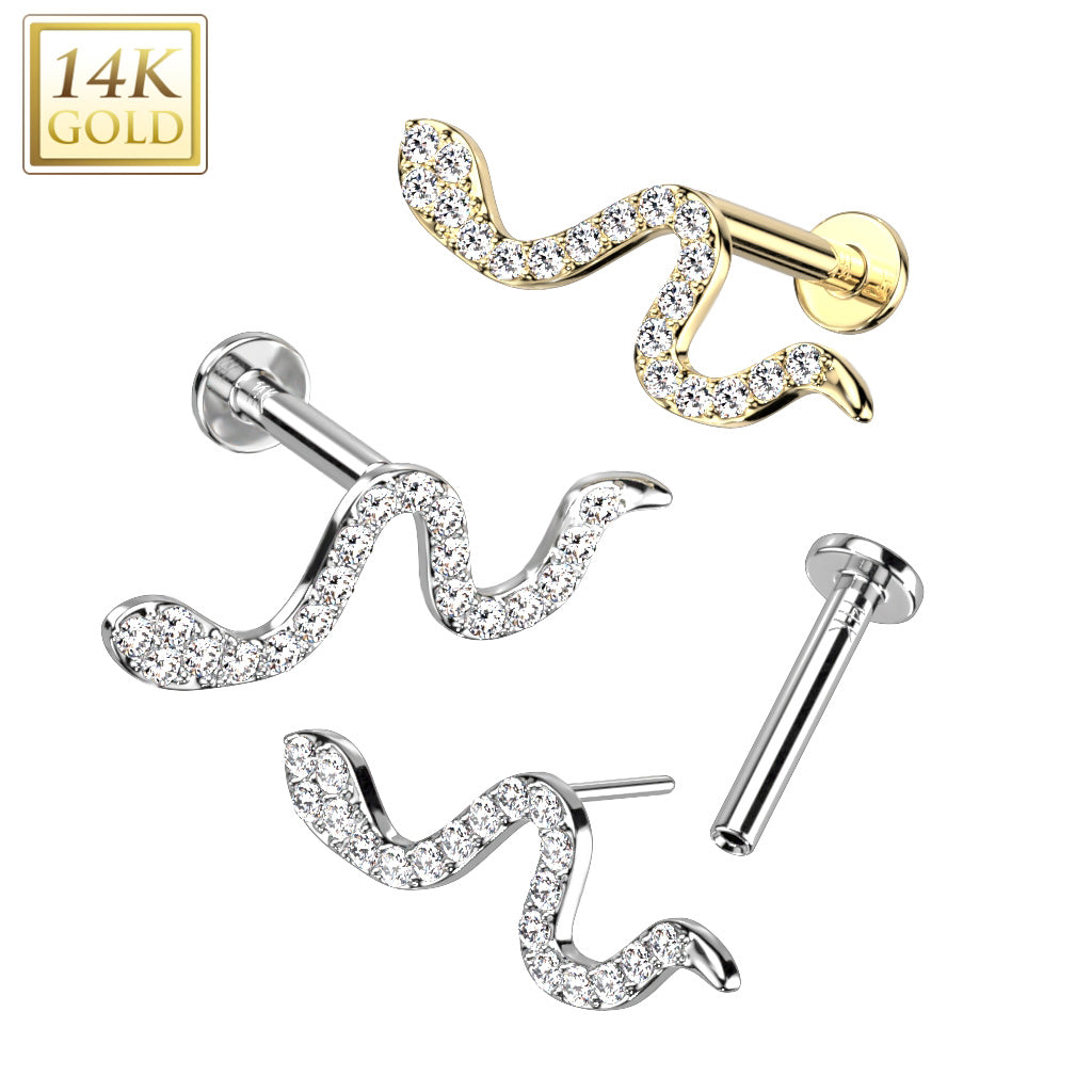 14K Gold Threadless Labret/Flat Back Stud With CZ Paved Small Snake Top