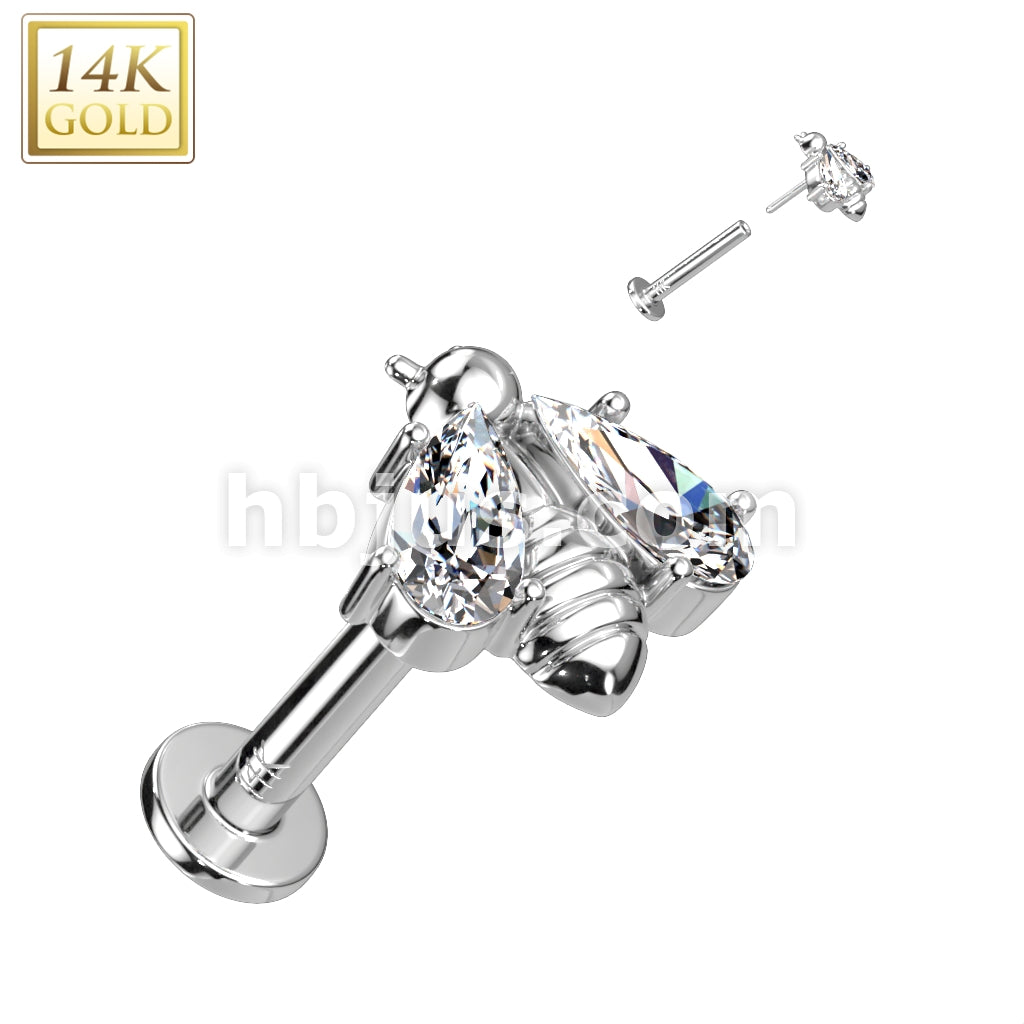 14K Gold Threadless Labret/Flat Back Stud With Bee and CZ Wings Top - Image 2