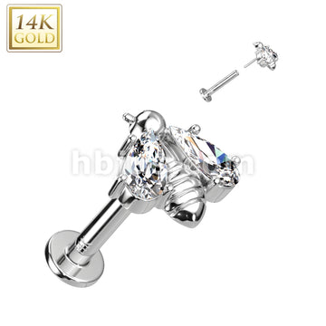 14KT  Gold 14K Gold Threadless Labret/Flat Back Stud With Bee and CZ... - Image 2
