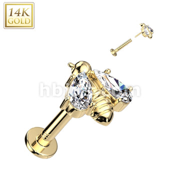14K Gold Threadless Labret/Flat Back Stud With Bee and CZ Wings Top - Image 3