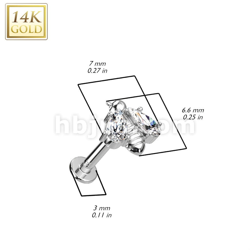 14K Gold Threadless Labret/Flat Back Stud With Bee and CZ Wings Top - Image 4