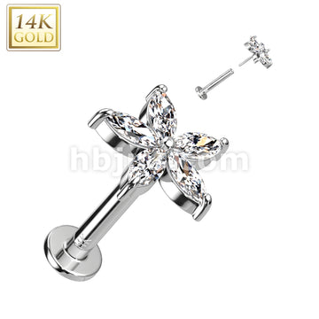 14K Gold Threadless Labret/Flat Back Stud With 5 Marquise CZ Petals Flower Top - Image 2