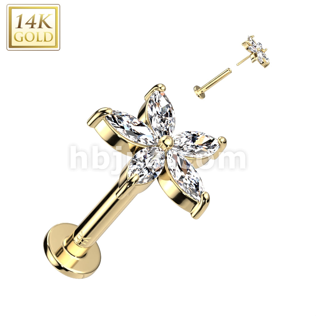 14K Gold Threadless Labret/Flat Back Stud With 5 Marquise CZ Petals Flower Top - Image 3