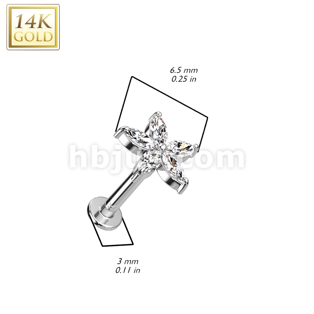 14K Gold Threadless Labret/Flat Back Stud With 5 Marquise CZ Petals Flower Top - Image 4