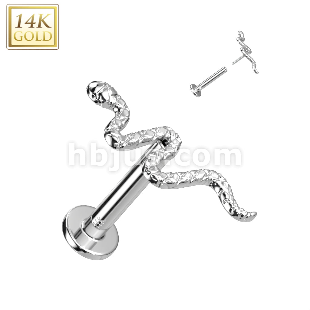 14K Gold Threadless Labret/Flat Back Stud With Snake Top - Image 2