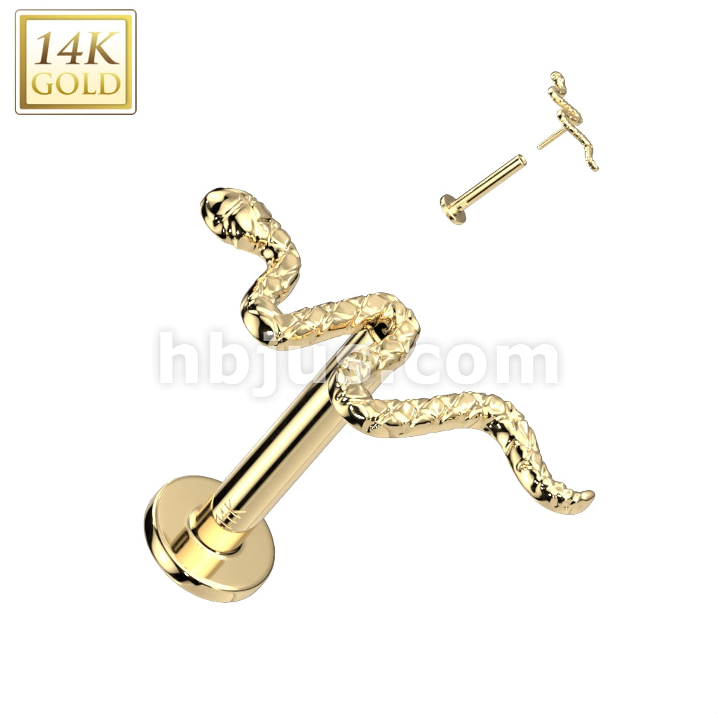 14KT  Gold 14K Gold Threadless Labret/Flat Back Stud With Snake Top - Image 3
