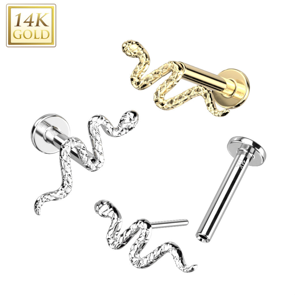 14K Gold Threadless Labret/Flat Back Stud With Snake Top