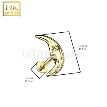 14K Gold Threadless Labret/Flat Back Stud With Face In Crescent Moon Top - Image 2