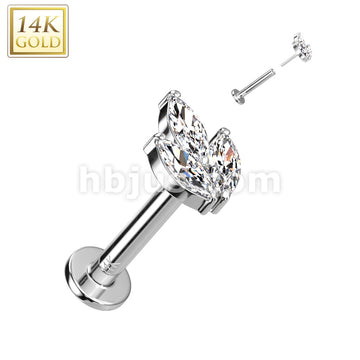14KT  Gold 14K Gold Threadless Labret/Flat Back Stud With 3 Marquise CZ... - Image 2