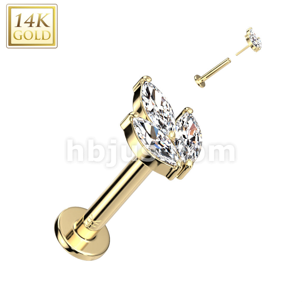 14KT  Gold 14K Gold Threadless Labret/Flat Back Stud With 3 Marquise CZ... - Image 3