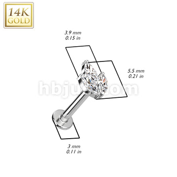 14K Gold Threadless Labret/Flat Back Stud With 3 Marquise CZ Leaf Top - Image 4