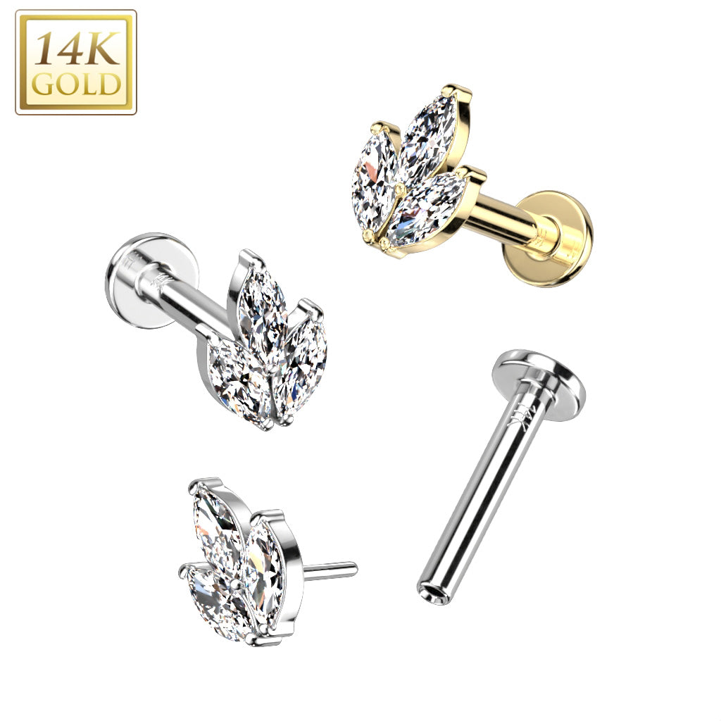 14K Gold Threadless Labret/Flat Back Stud With 3 Marquise CZ Leaf Top