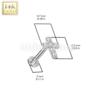 14K Gold Threadless Labret/Flat Back Stud With 6 Prong Set CZ Cross Top - Image 4
