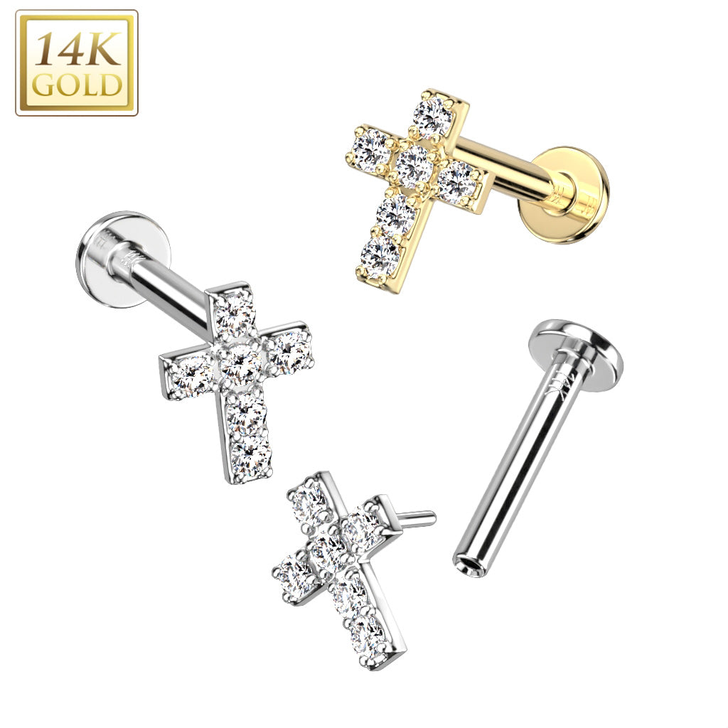 14K Gold Threadless Labret/Flat Back Stud With 6 Prong Set CZ Cross Top