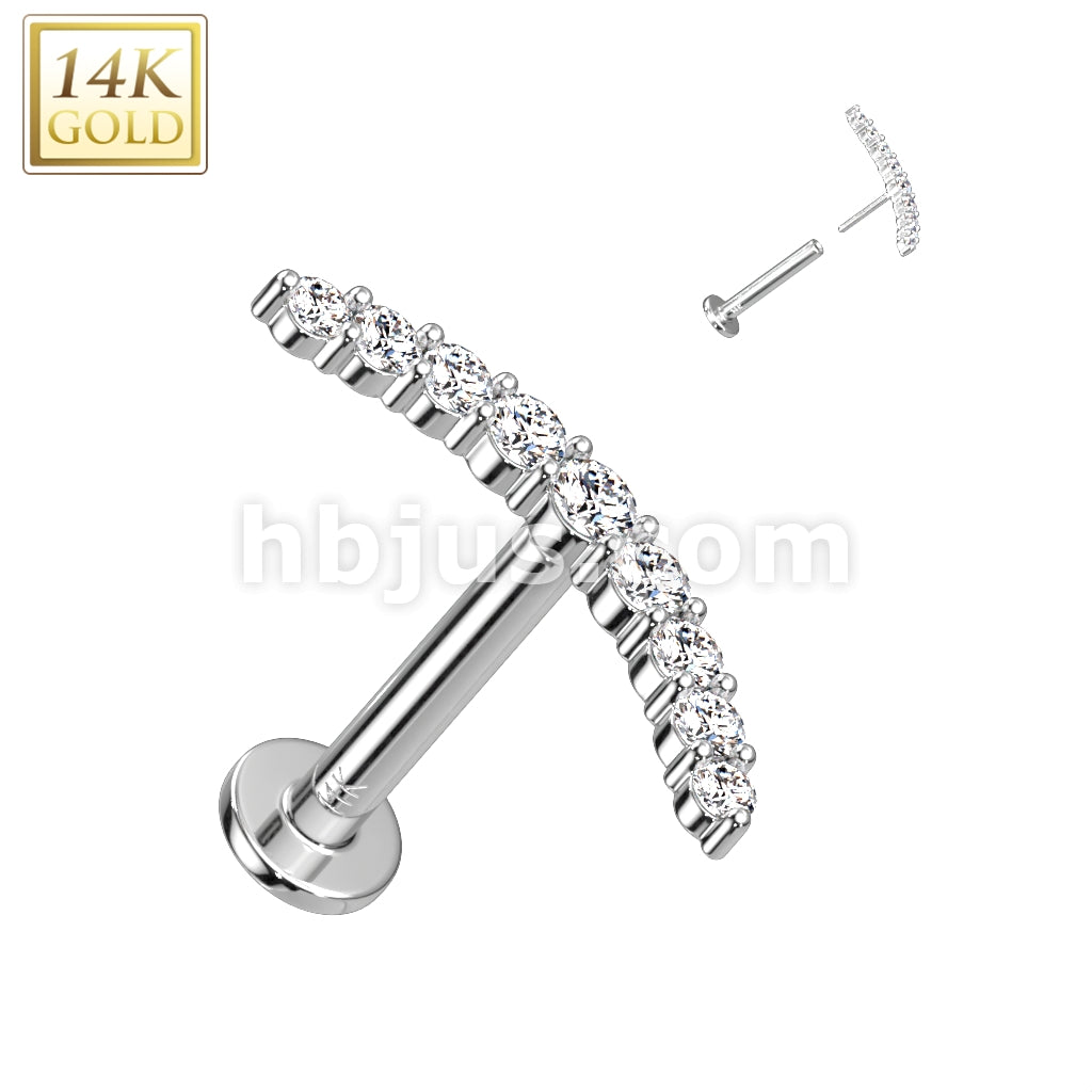 14K Gold Threadless Labret/Flat Back Stud With CZ Paved Curved Line Top - Image 2