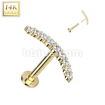 14K Gold Threadless Labret/Flat Back Stud With CZ Paved Curved Line Top - Image 3