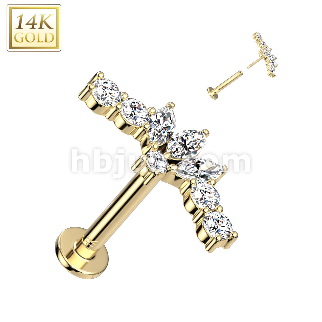 14KT  Gold 14K Gold Threadless Labret/Flat Back Stud Fan With 3... - Image 3