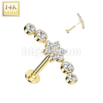 14K Gold Threadless Labret/Flat Back Stud With Flower Center and 2 CZ Ball on Each Side - Image 3