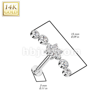 14K Gold Threadless Labret/Flat Back Stud With Flower Center and 2 CZ Ball on Each Side - Image 4